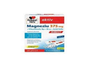 Doppelherz aktiv Magneziu 375+ B6 + B12 + Acid Folic 20 plicuri furnizează organismului Magneziu, combinat cu Vitamine B